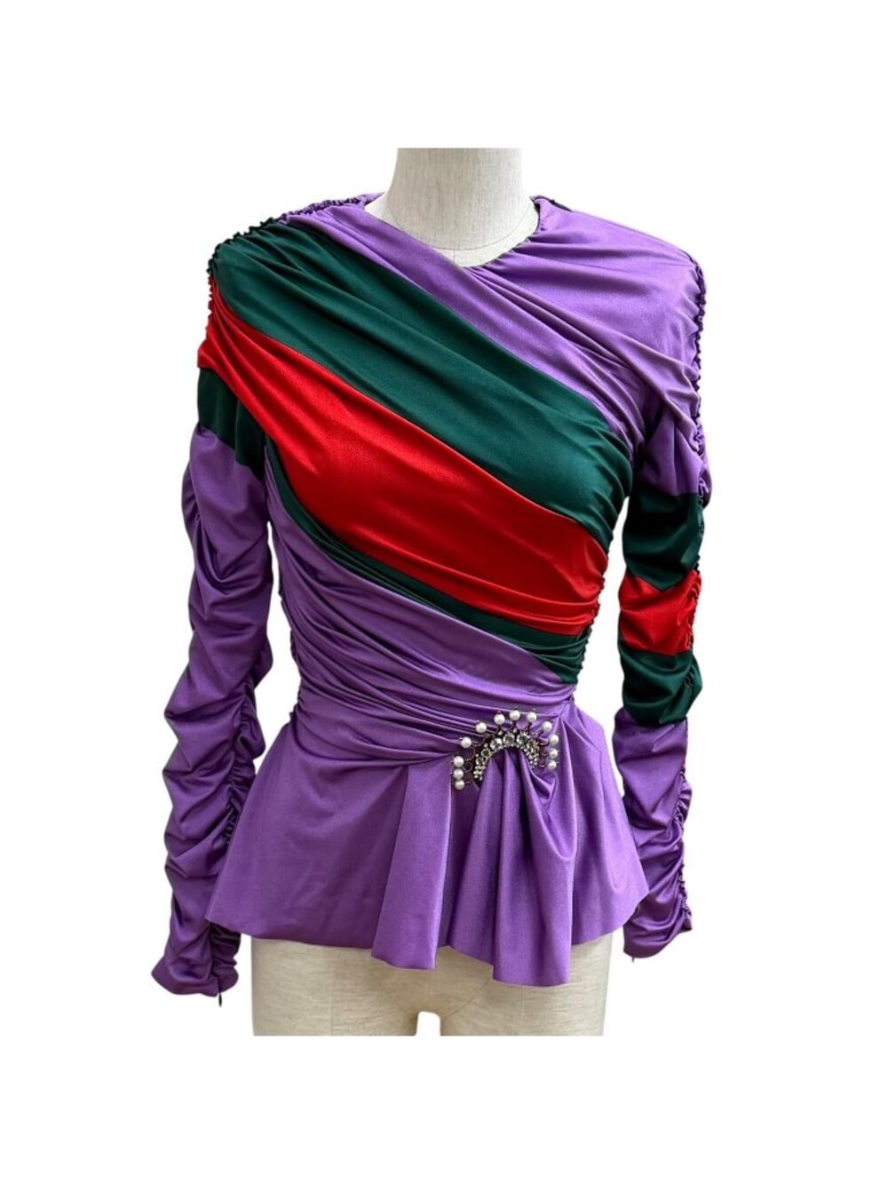 Gucci x Balenciaga Brooch Web Stripe Shirred Top Multi 36